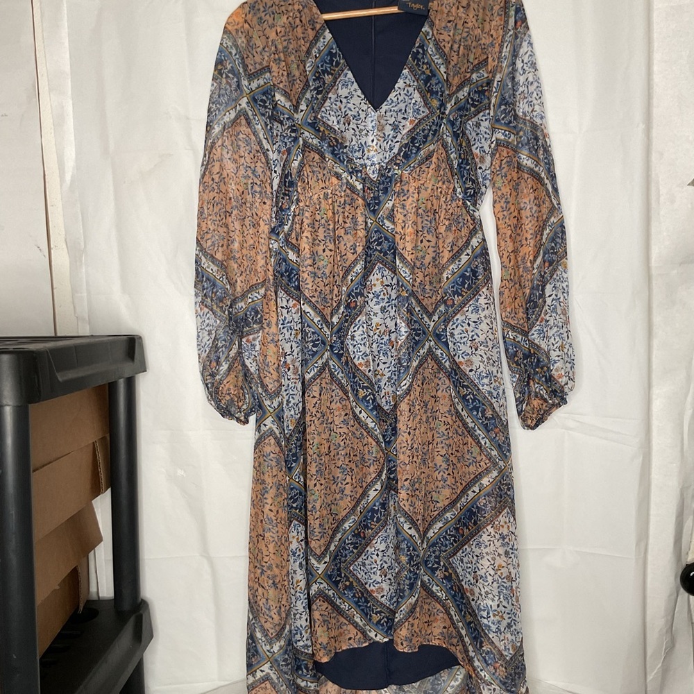 Taylor Blue and Brown Long Sleeve V-Neck Dress